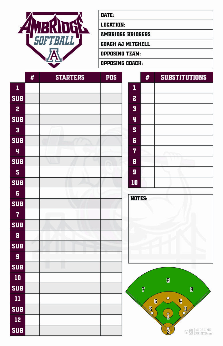 Ambridge Bridgers custom softball lineup card in black and green with a field-position diagram
