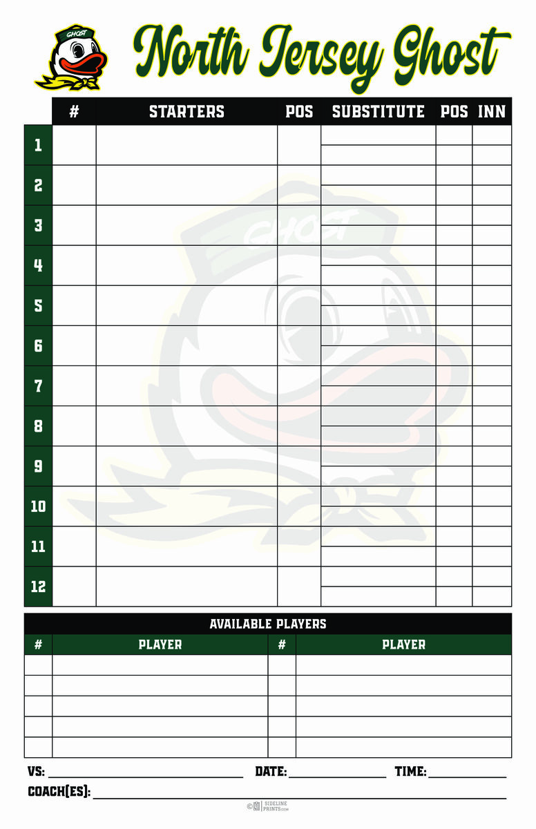 North Jersey Ghost custom lineup card in black, pink and blue with team branding