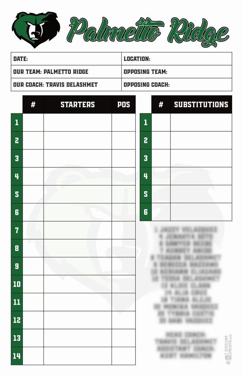 Palmetto Ridge custom lineup card in green and black with starters and substitutions sections