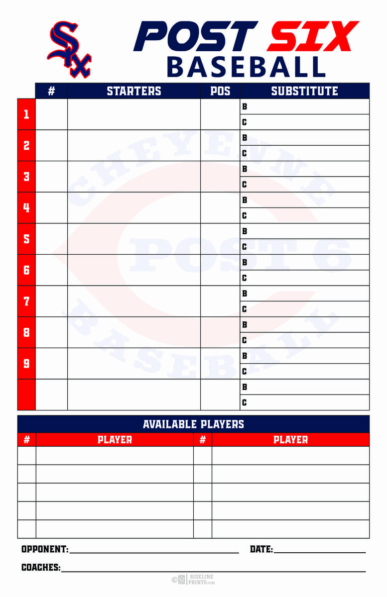Post Six Baseball custom lineup card in black, gold and turquoise with team logo