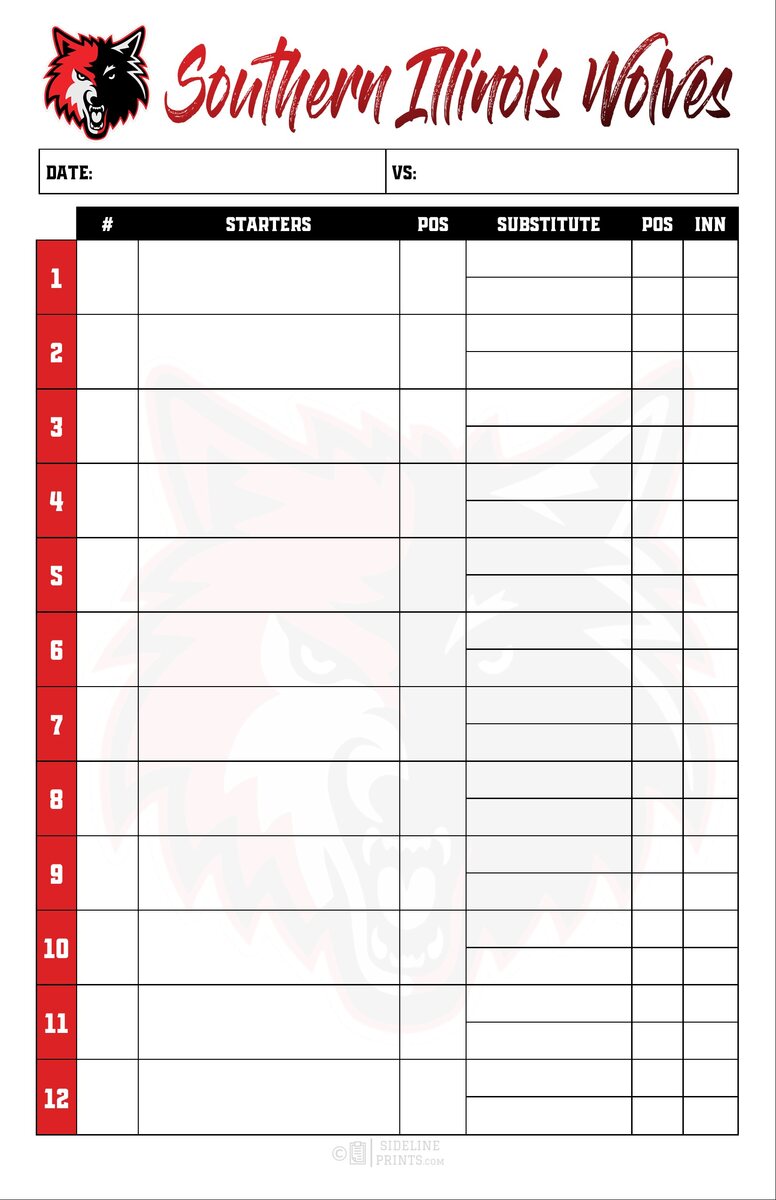 Southern Illinois Wolves custom lineup card in red, black and white with team logo