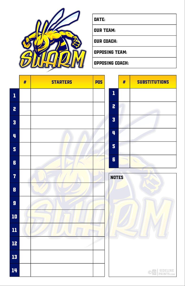 Swarm custom team lineup card in navy and yellow with starters, substitutions and notes sections