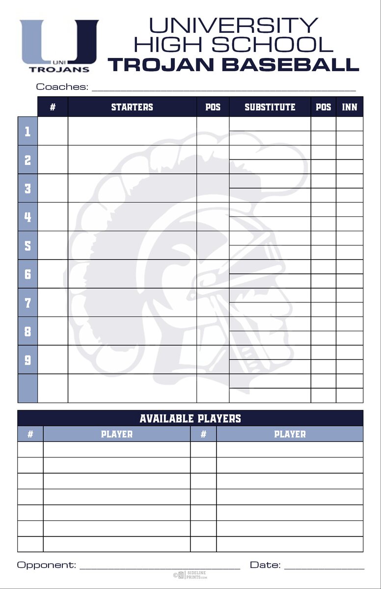 University High School Trojans custom baseball lineup card in navy and light blue