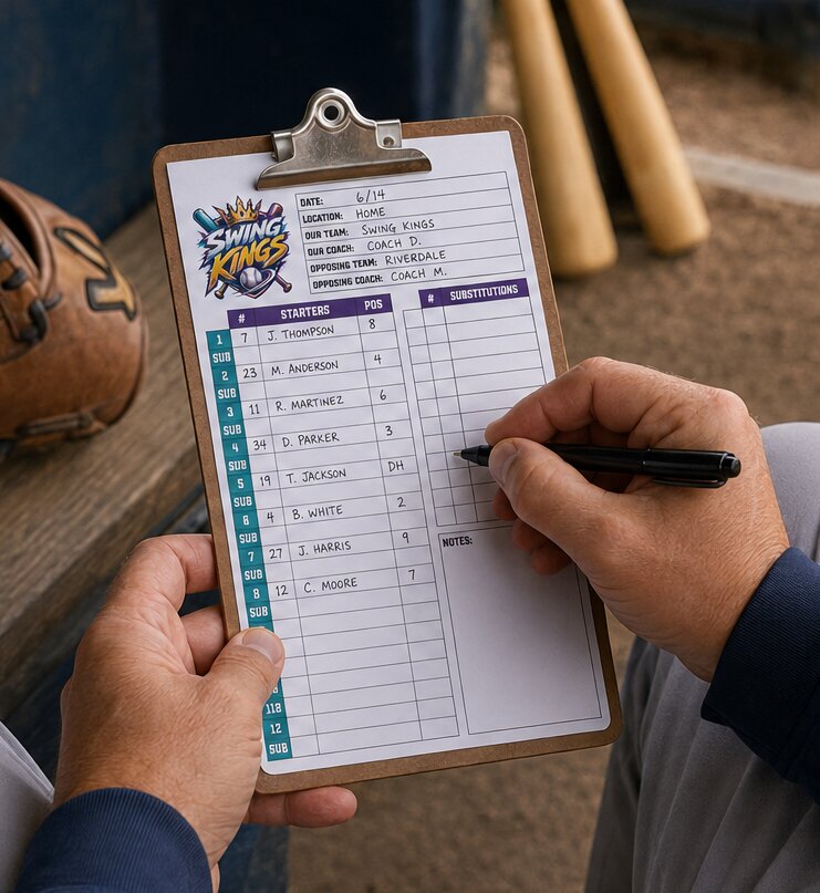 Coach completing a custom Swing Kings lineup card on a clipboard
